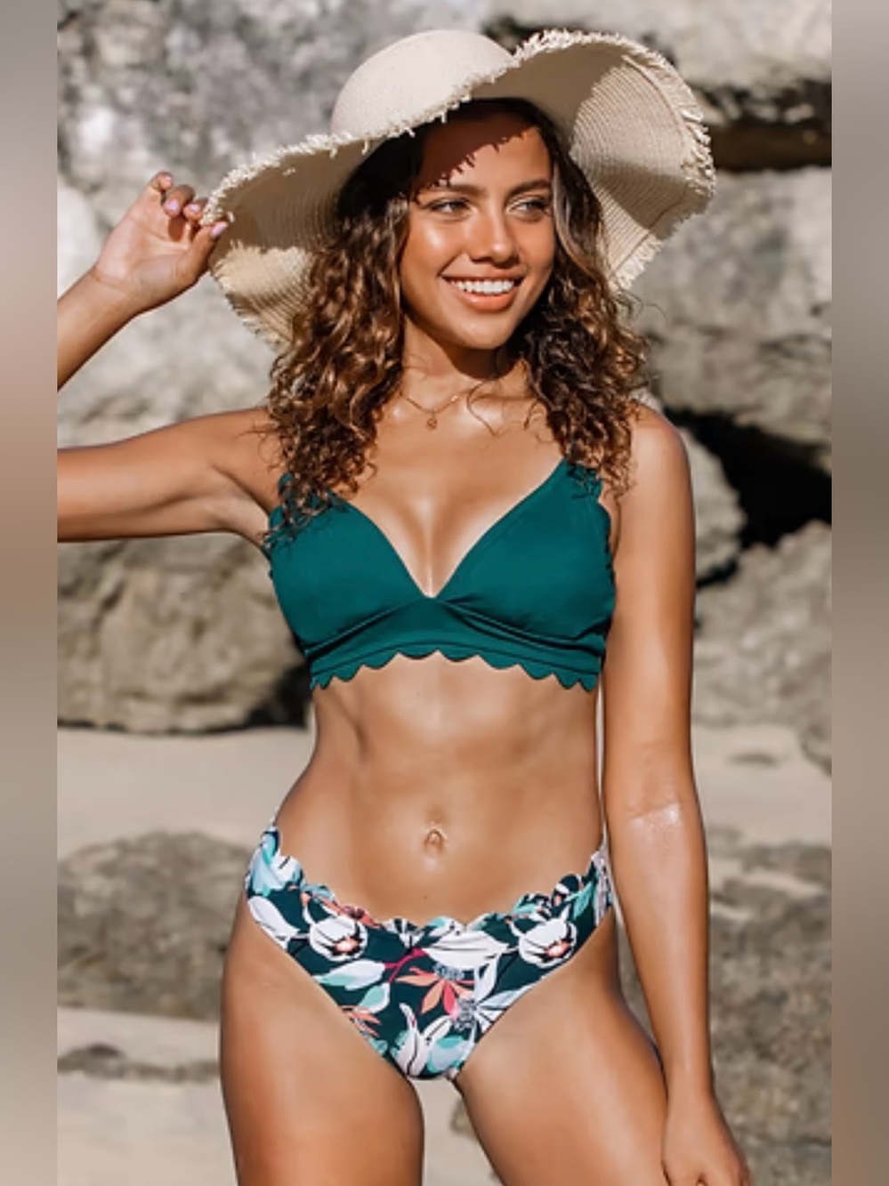 CupShe Green Scalloped Edge V-Neck Printed Bottom Bikini Women’s Sz S NWT